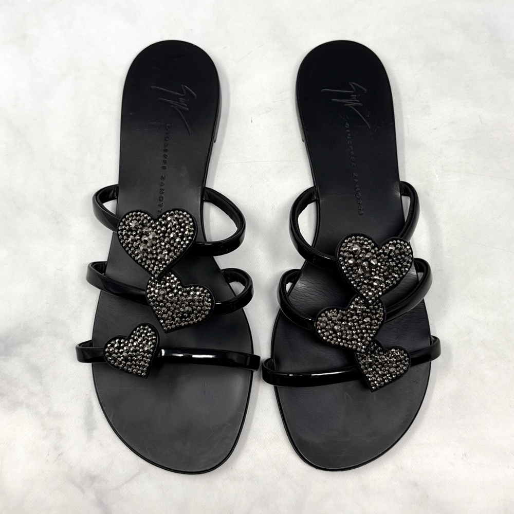 Giuseppe Zanotti Anya Swarovski Crystal Heart Slide Mule Flat Sandals Black 37.5 - Picture 2 of 11